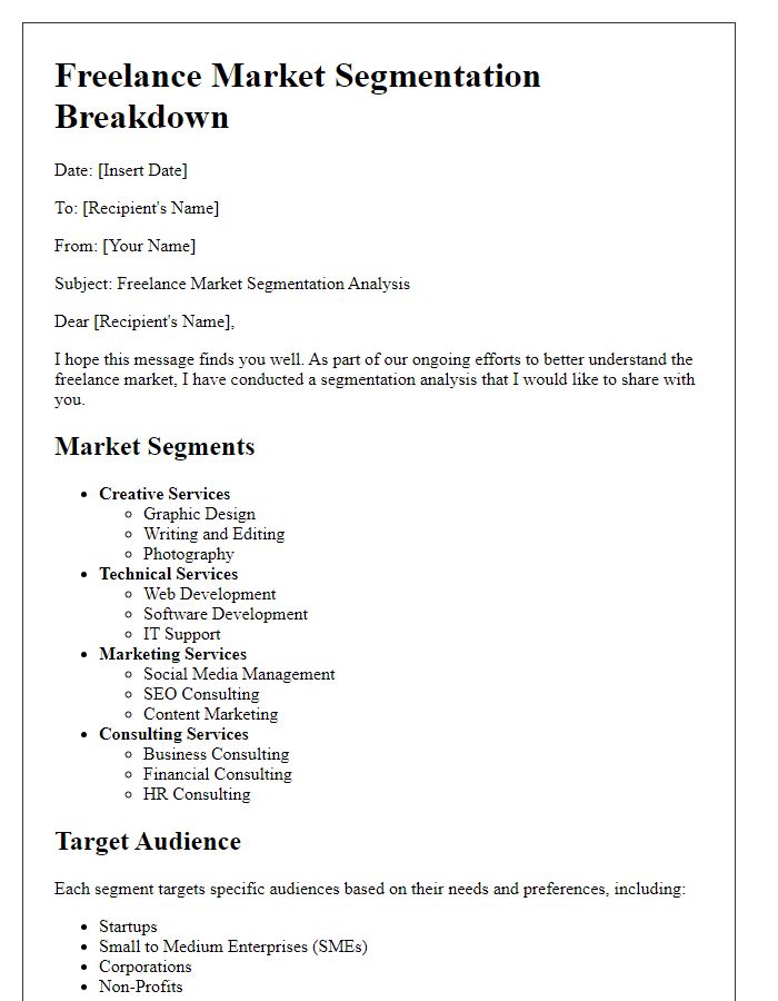 Letter template of freelance market segmentation breakdown