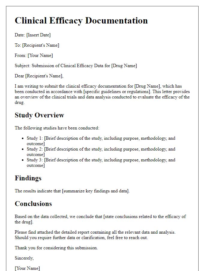 Letter template of clinical efficacy documentation for drug analysis