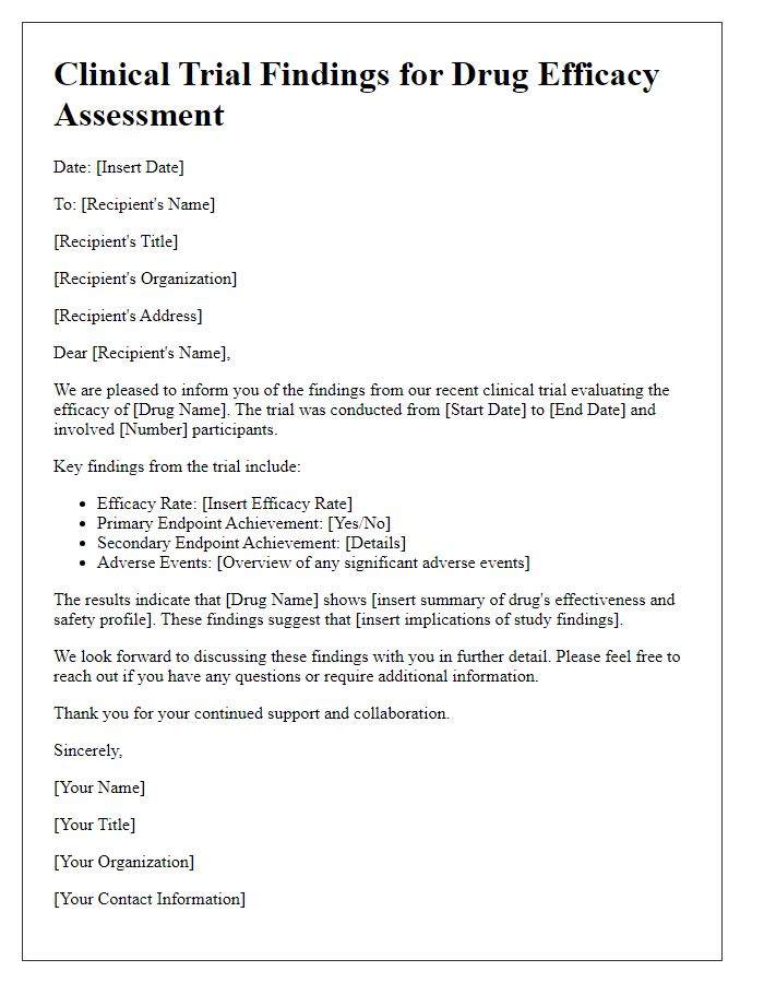 Letter template of clinical trial findings for drug efficacy assessment