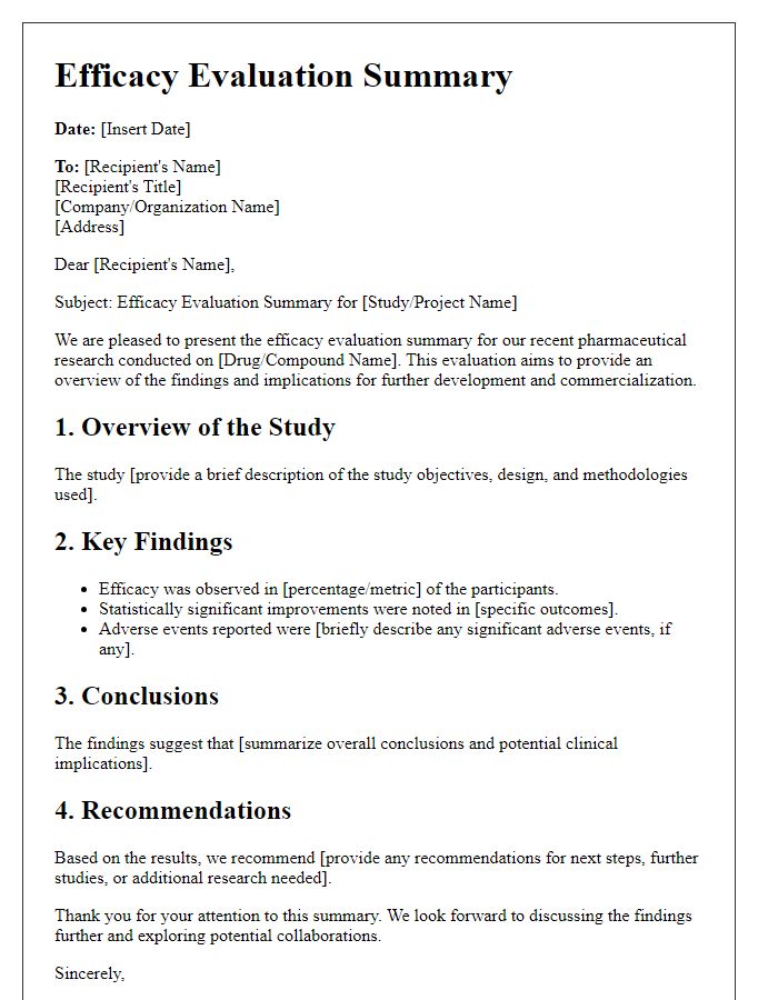 Letter template of efficacy evaluation summary for pharmaceutical research