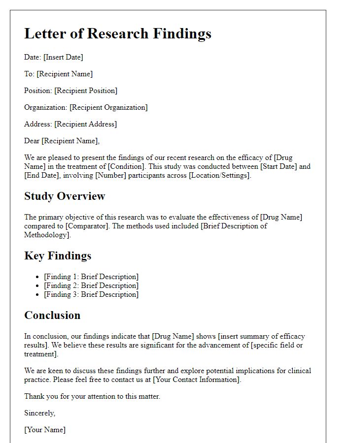 Letter template of research findings in drug efficacy evaluation