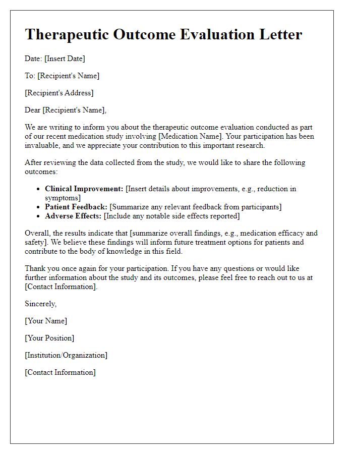 Letter template of therapeutic outcome evaluation for medication study