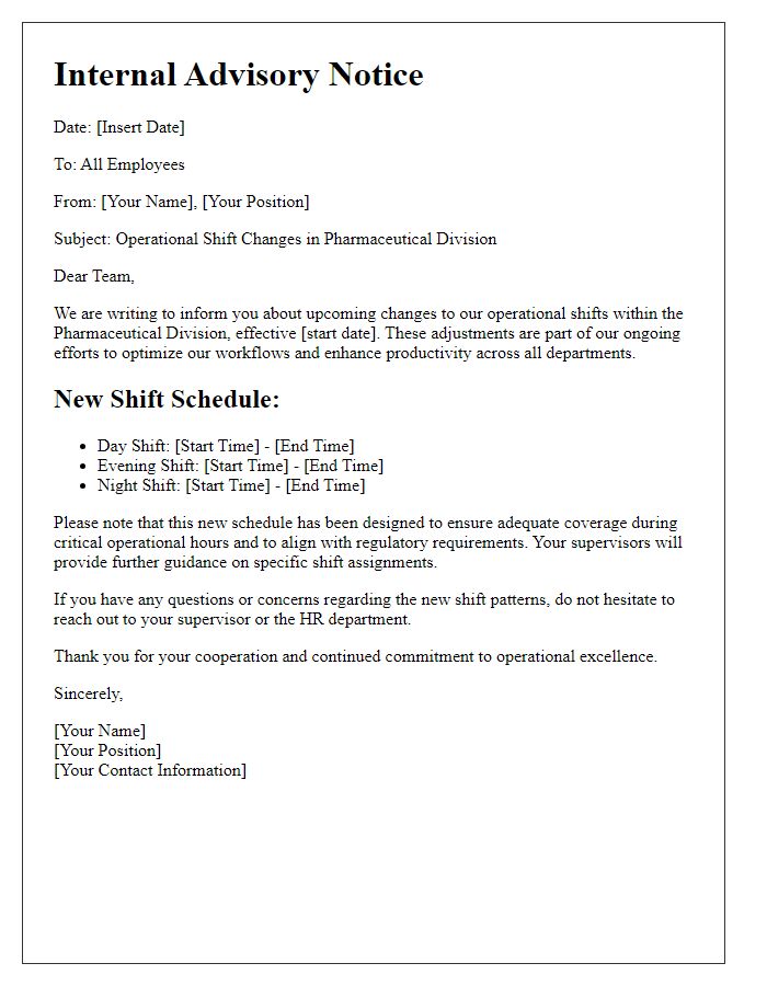 Letter template of internal advisory for pharmaceutical operational shifts