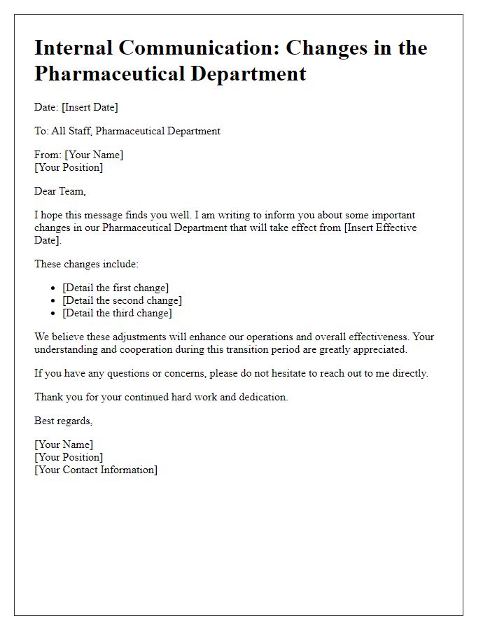 Letter template of internal communication for pharmaceutical department changes