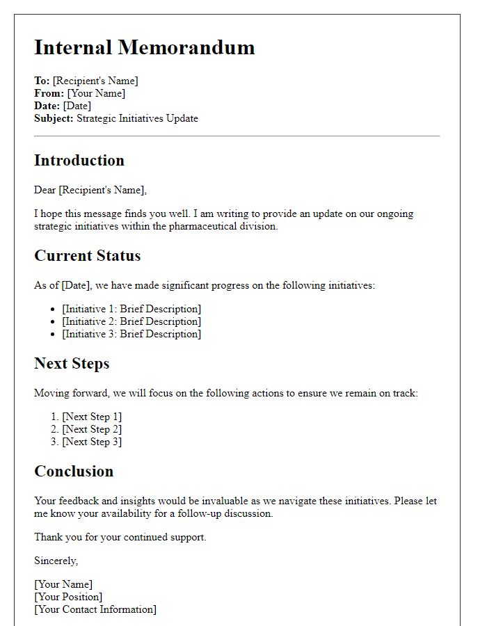 Letter template of internal correspondence for pharmaceutical strategic initiatives