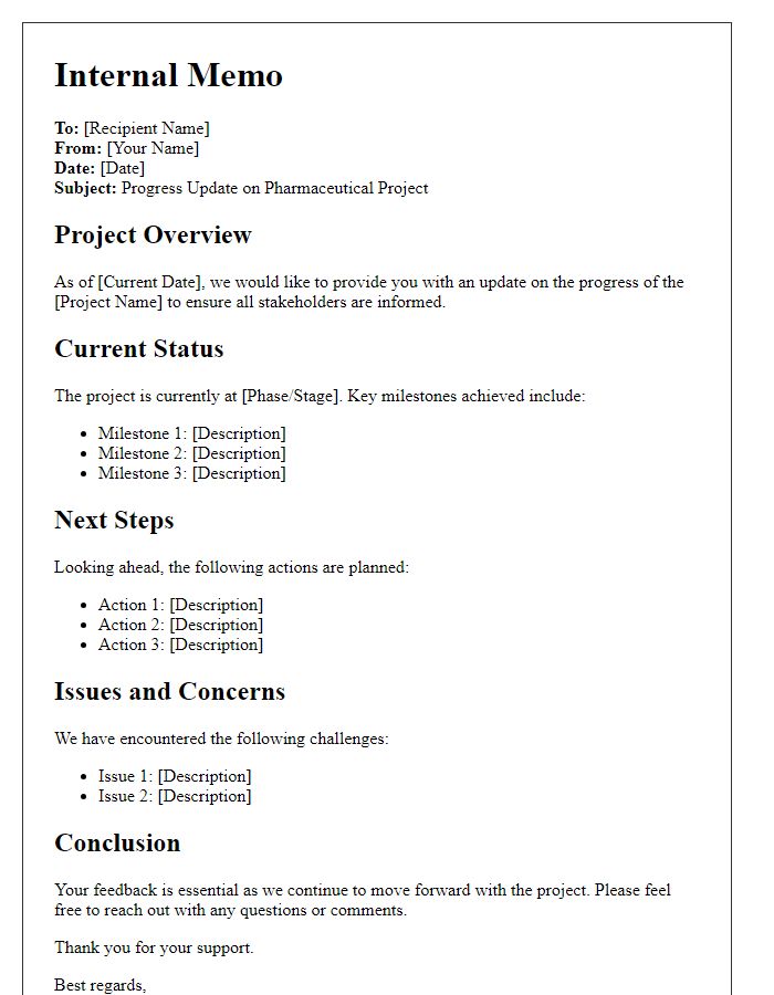 Letter template of internal memo for pharmaceutical project progress