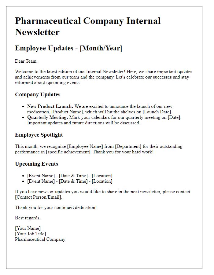 Letter template of internal newsletter for pharmaceutical employee updates