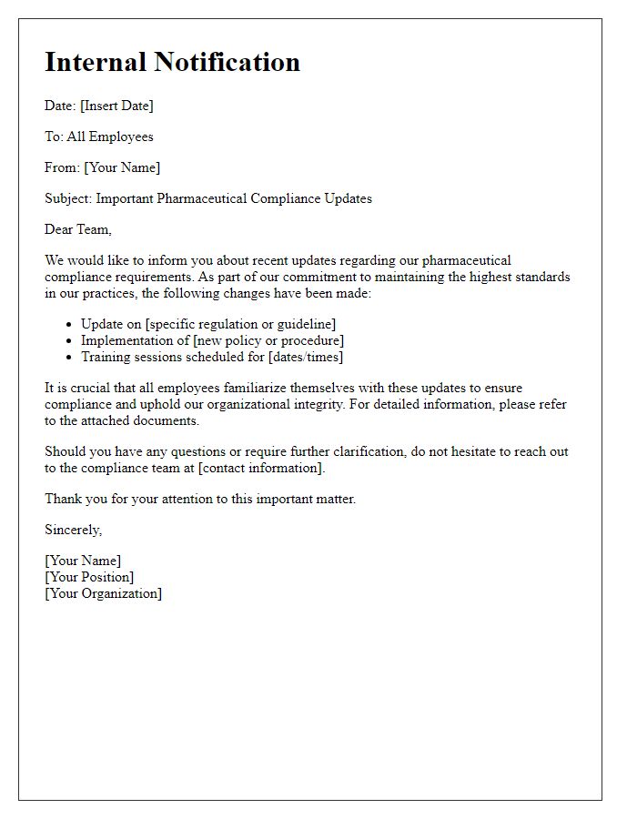 Letter template of internal notification for pharmaceutical compliance updates