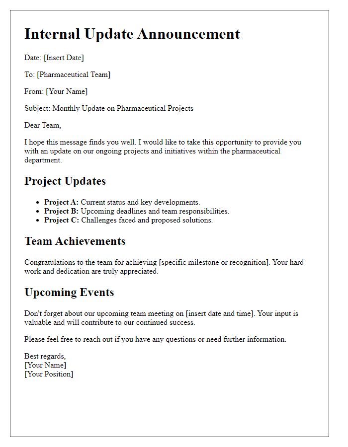 Letter template of internal update for pharmaceutical team communications