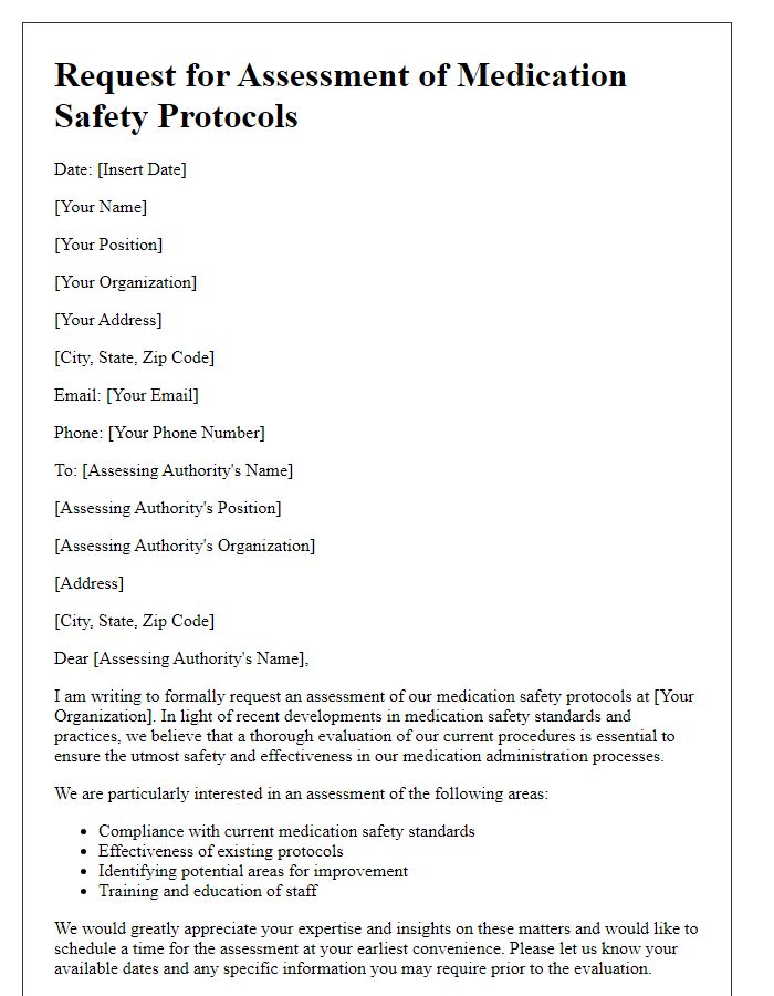 Letter template of assessment request for medication safety protocols