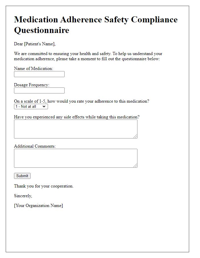 Letter template of medication adherence safety compliance questionnaire