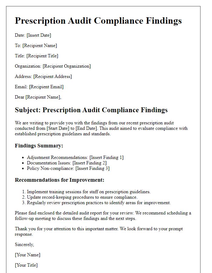 Letter template of prescription audit compliance findings