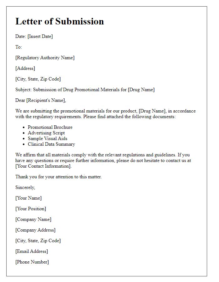 Letter template of drug promotional materials regulatory submission