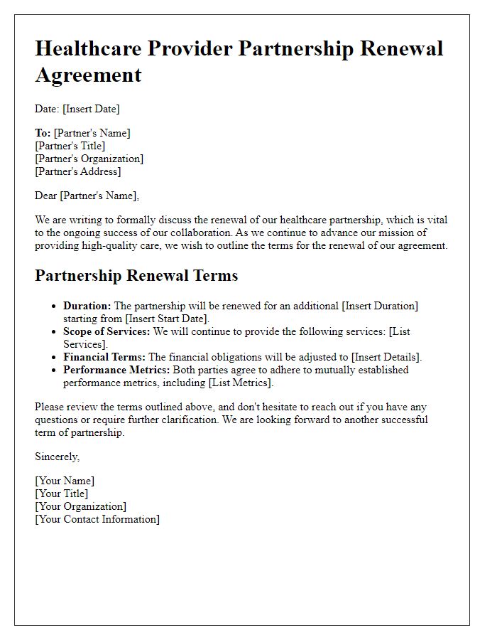 Letter template of healthcare provider partnership renewal terms