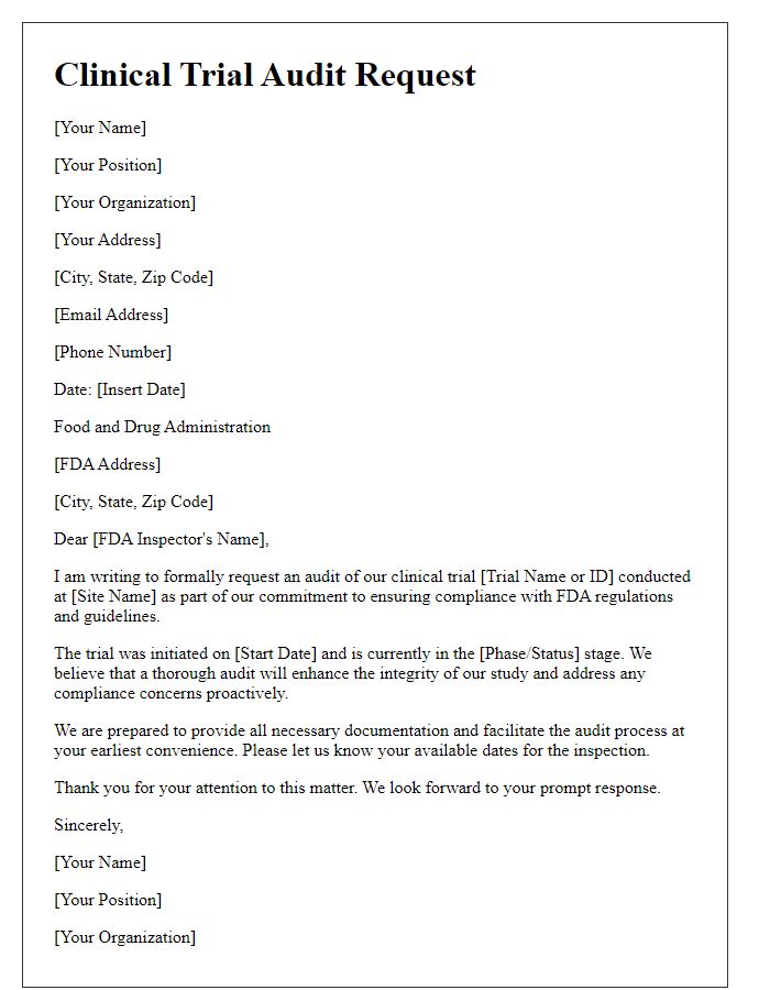 Letter template of clinical trial audit request for FDA inspection.