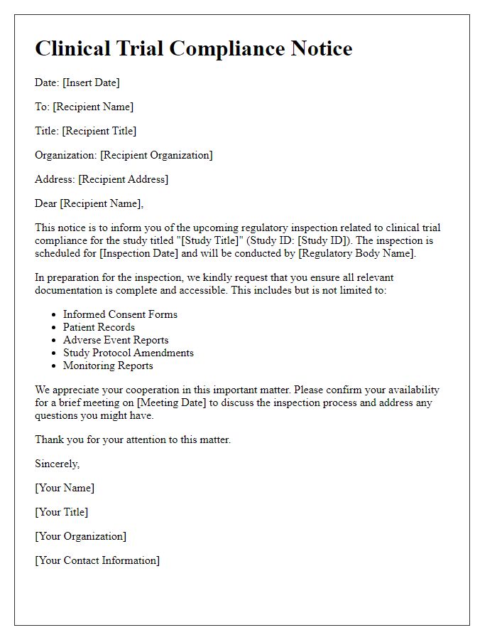 Letter template of clinical trial compliance notice for regulatory inspection.