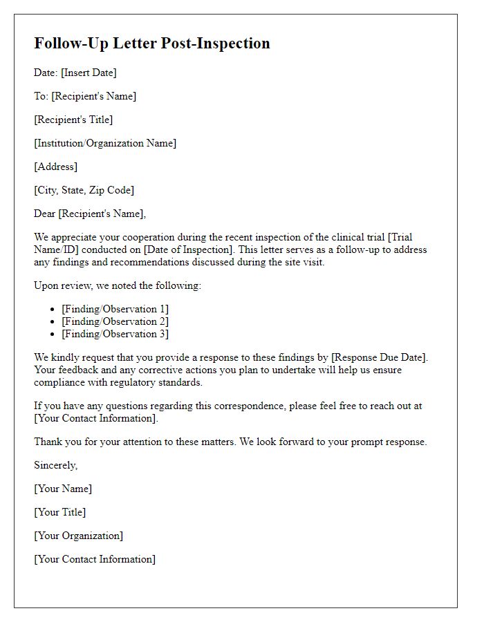 Letter template of clinical trial follow-up correspondence post-inspection.