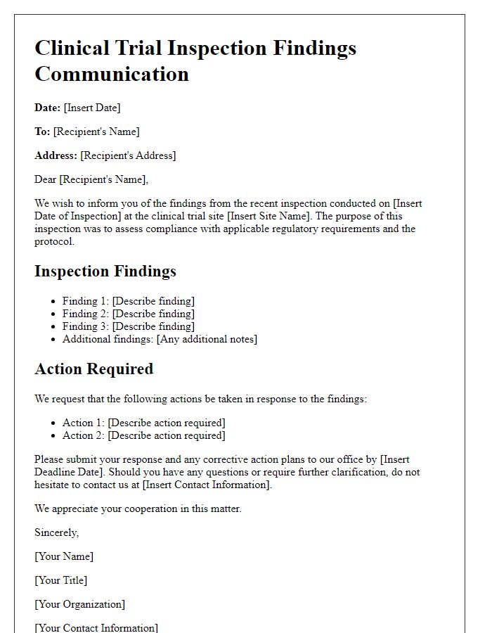 Letter template of clinical trial inspection findings communication.