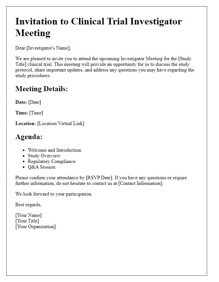 Letter template of clinical trial investigator meeting invitation for inspection.