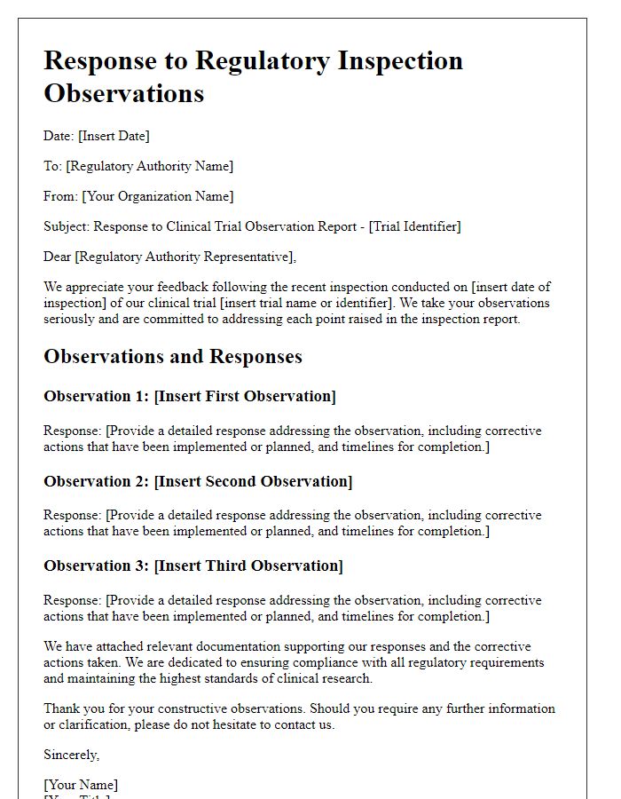 Letter template of clinical trial observation response for regulatory inspection.