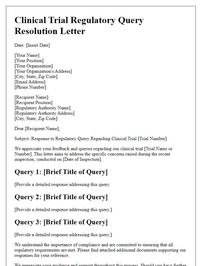 Letter template of clinical trial regulatory query resolution for inspection.