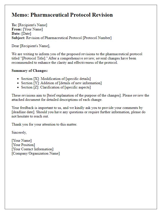 Letter template of pharmaceutical protocol revision memo