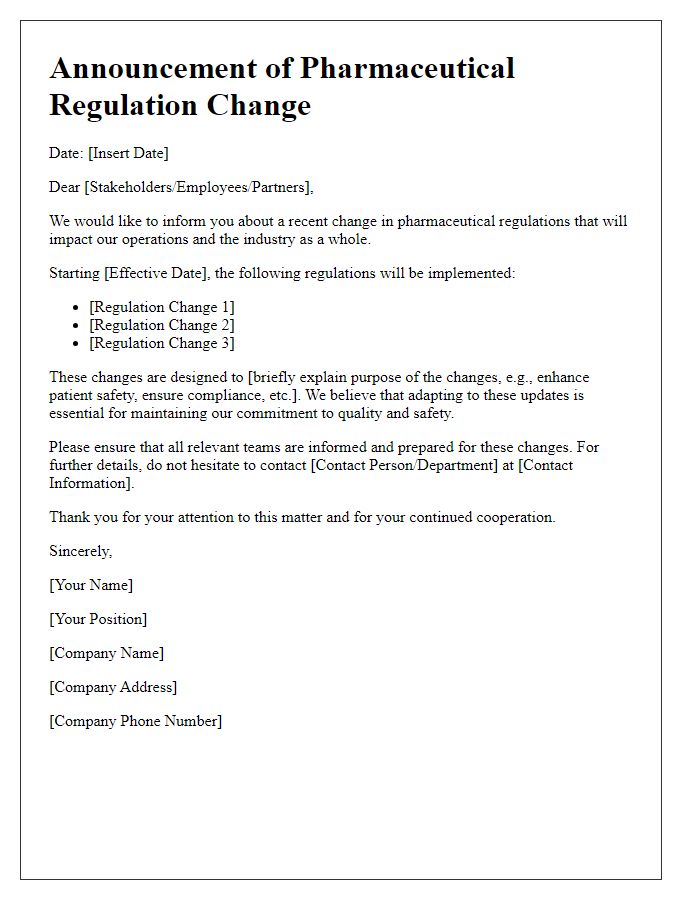 Letter template of pharmaceutical regulation change announcement