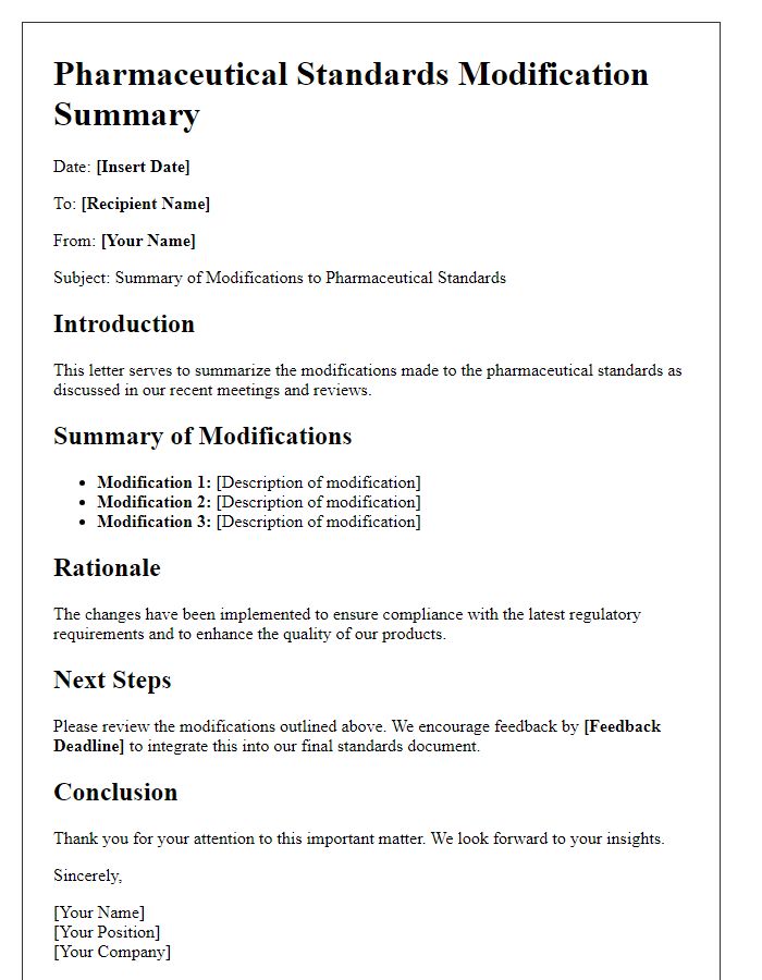 Letter template of pharmaceutical standards modification summary