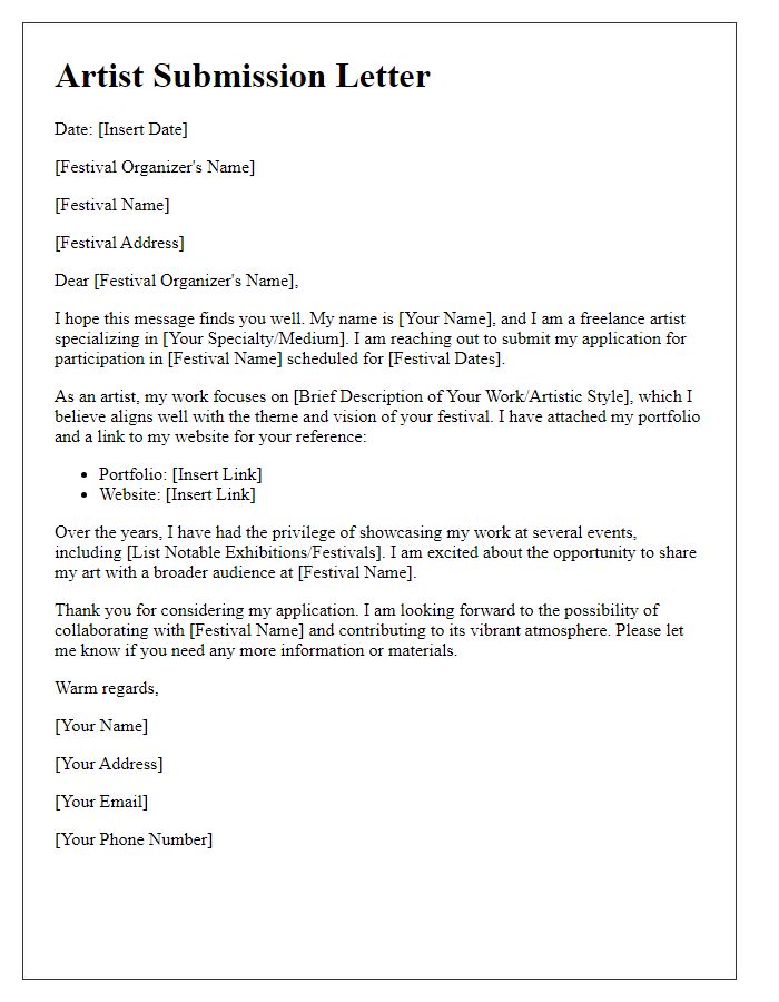 Letter template of freelance festival artist submission