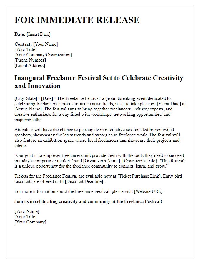 Letter template of freelance festival press release