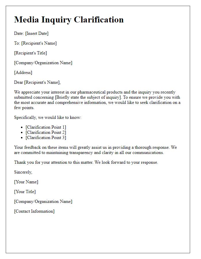 Letter template of pharmaceutical media inquiry clarification