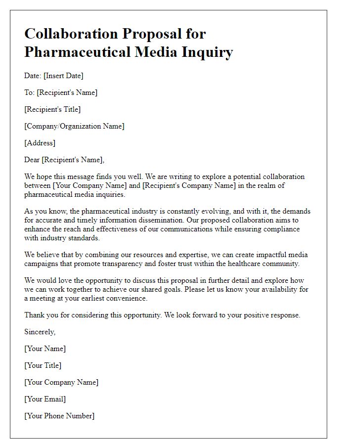 Letter template of pharmaceutical media inquiry collaboration proposal