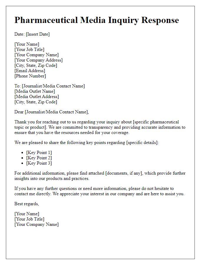 Letter template of pharmaceutical media inquiry information sharing