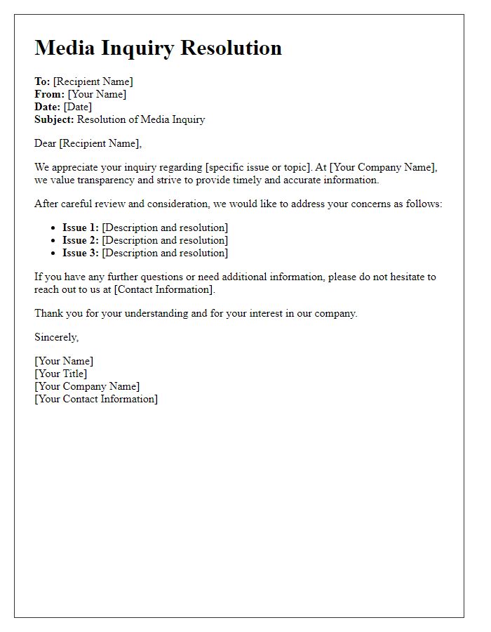 Letter template of pharmaceutical media inquiry resolution