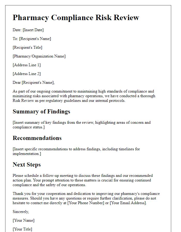 Letter template of pharmacy compliance risk review