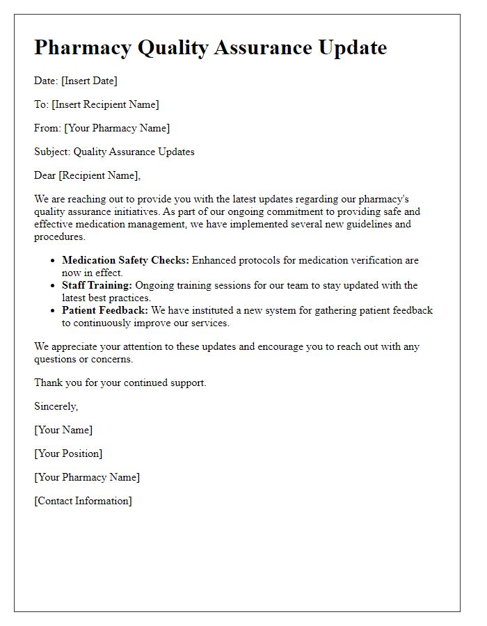 Letter template of pharmacy quality assurance updates