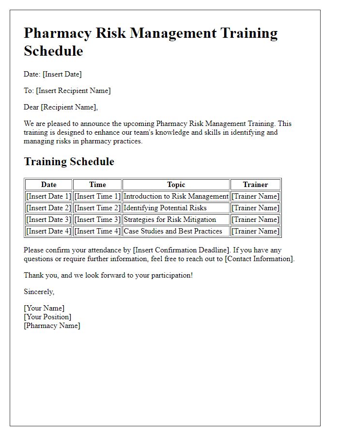 Letter template of pharmacy risk management training schedule