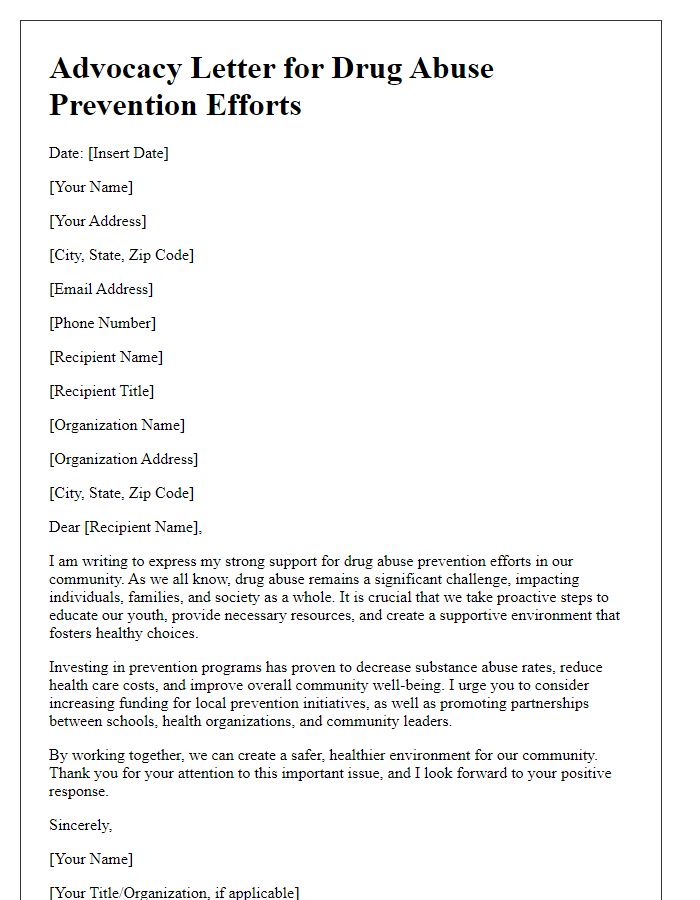 Letter template of advocacy for drug abuse prevention efforts