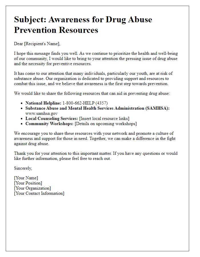 Letter template of awareness for drug abuse prevention resources