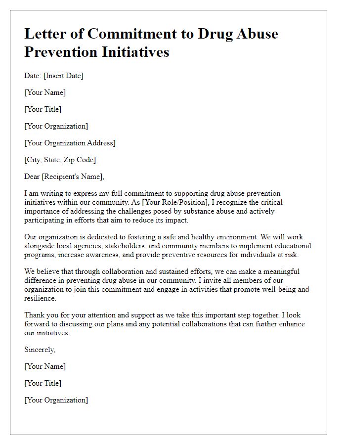 Letter template of commitment to drug abuse prevention initiatives