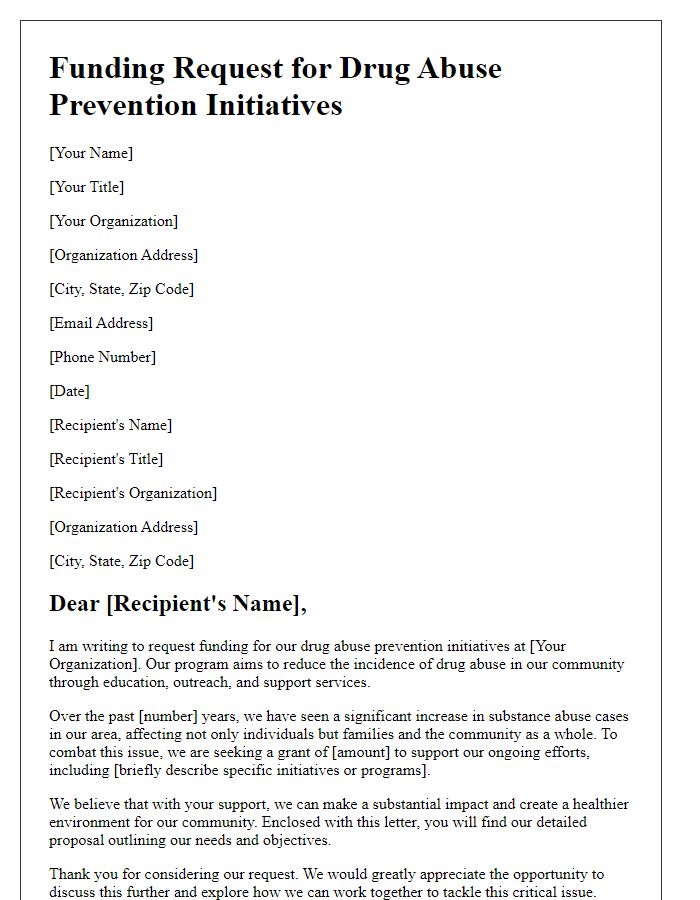 Letter template of funding request for drug abuse prevention initiatives