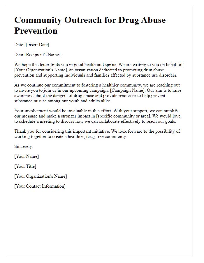 Letter template of outreach for drug abuse prevention campaigns