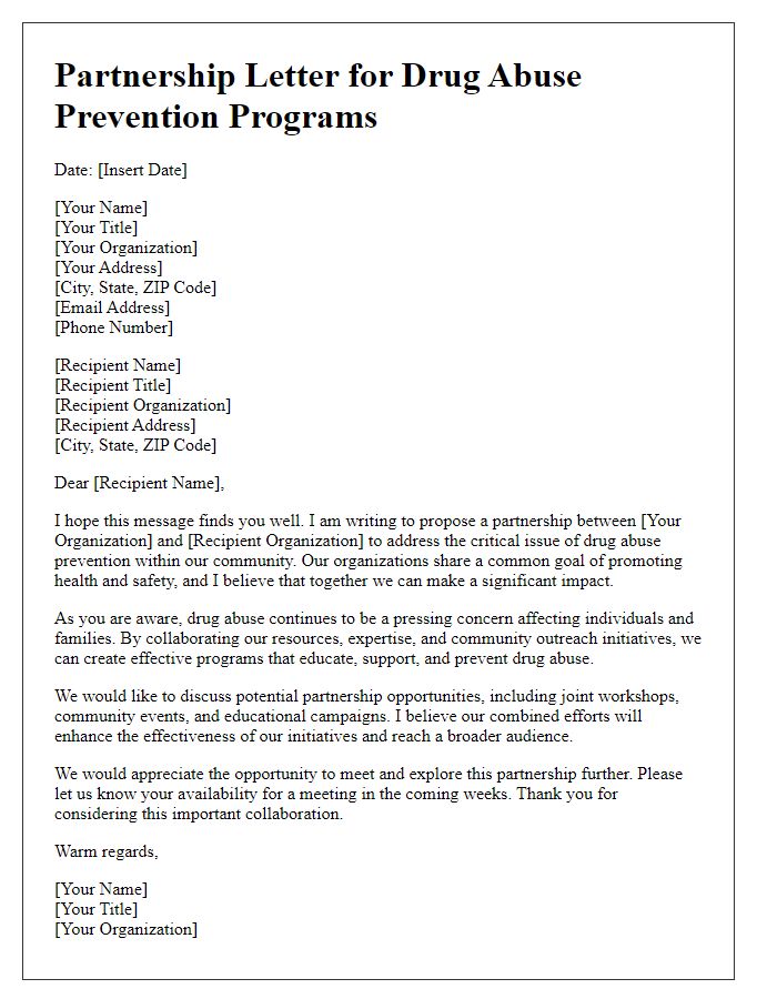 Letter template of partnership for drug abuse prevention programs