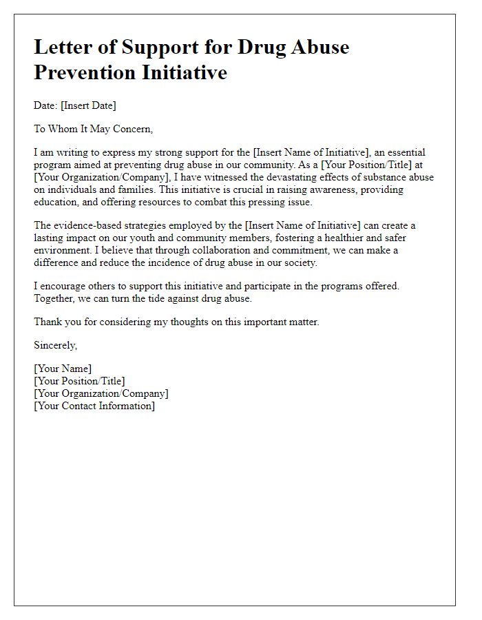 Letter template of support for a drug abuse prevention initiative