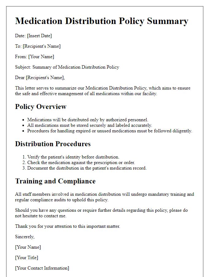 Letter template of medication distribution policy summary