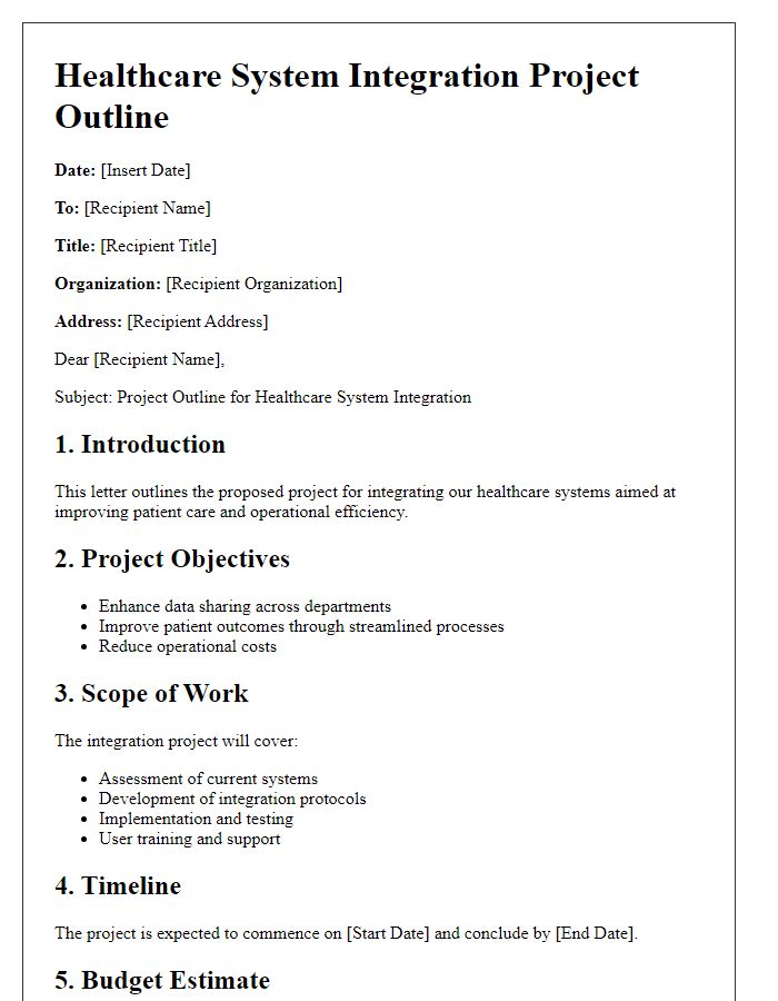 Letter template of healthcare system integration project outline