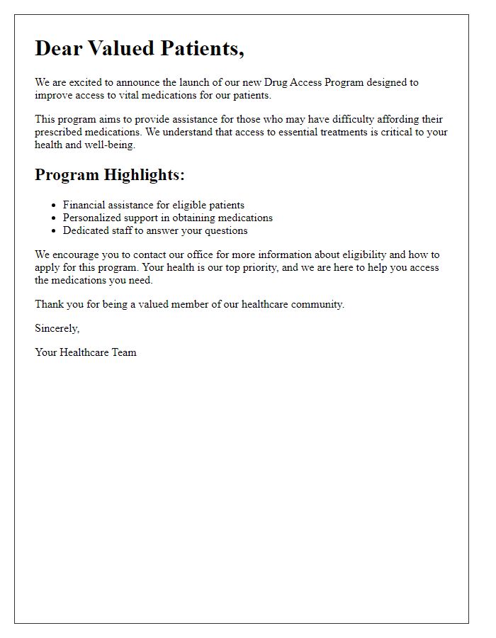 Letter template of announcement for patients about drug access program launch