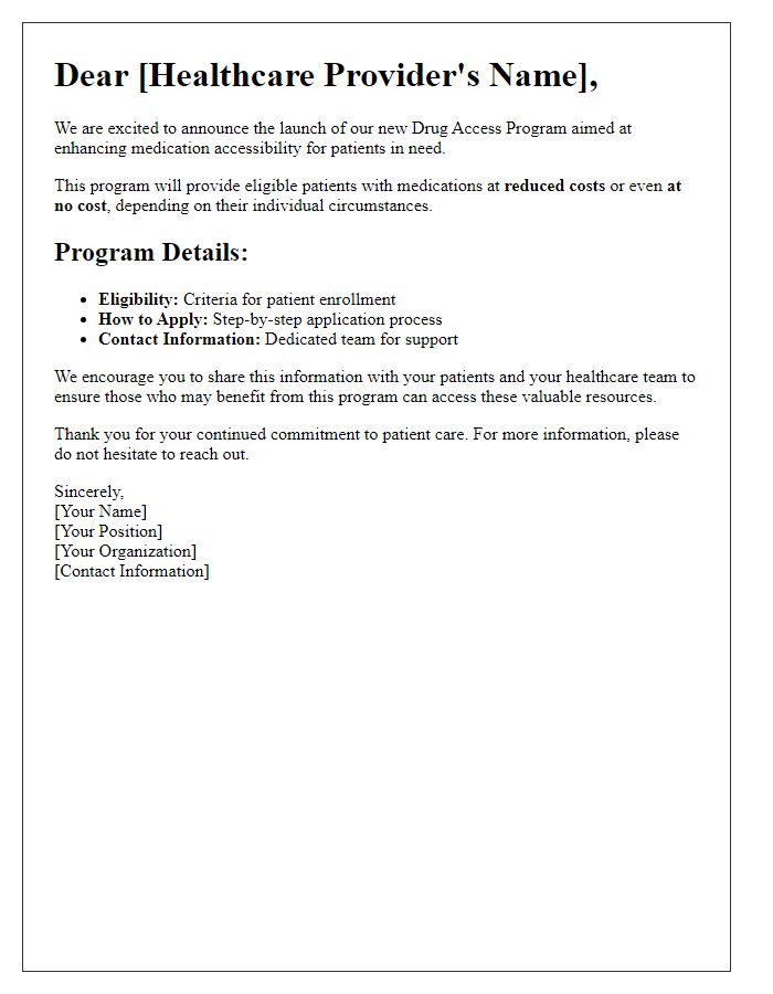 Letter template of communication for healthcare providers regarding drug access program launch