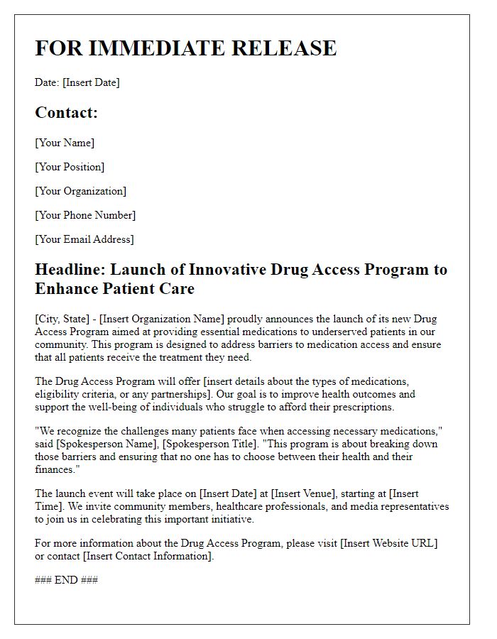 Letter template of press release for drug access program launch