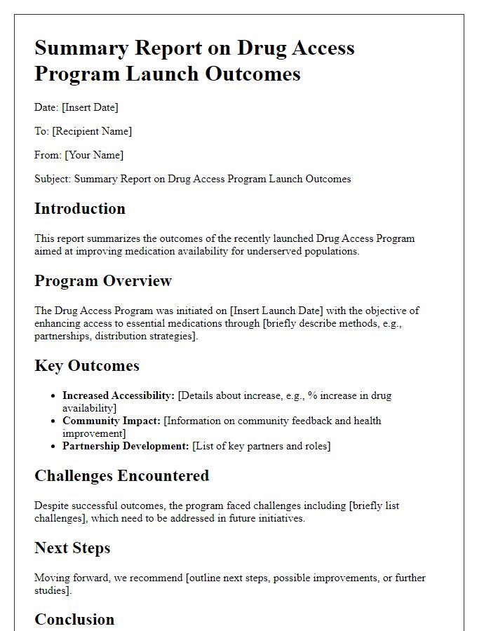 Letter template of summary report on drug access program launch outcomes